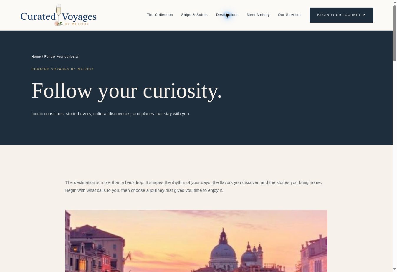 Screenshot of the Curated Voyages destinations page